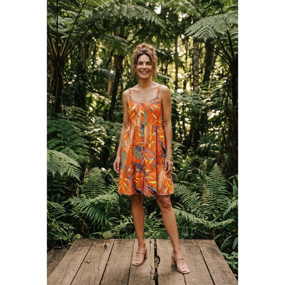 Beach Lunch LoungeTropical Print Linen Blend Button Dress Size L‎ Orange